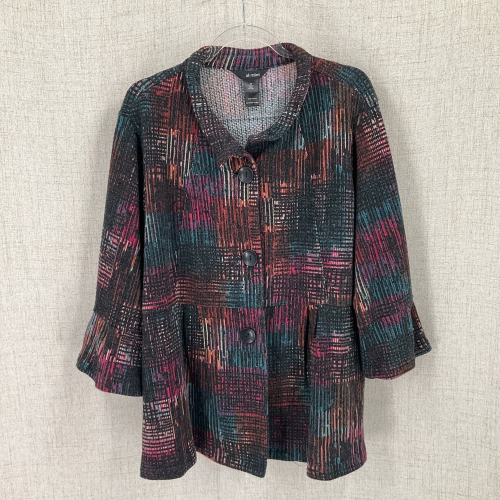 Ali Miles Jacket Womens 2X Multicolor Abstract Grid Knit Bell Sleeve Art to Wear